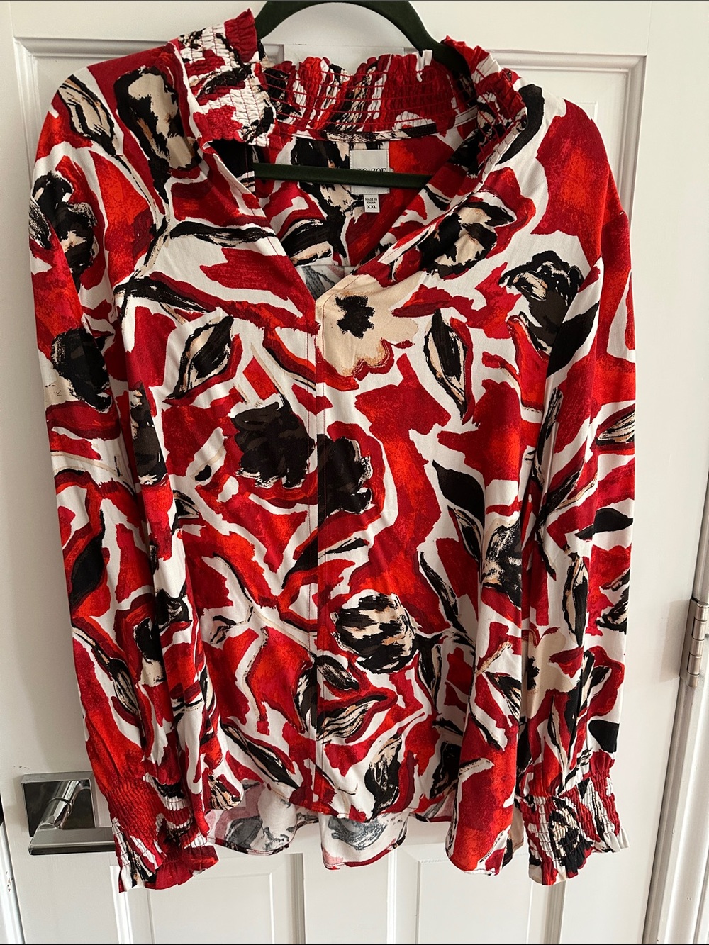 NIC+ZOE Red Abstract Floral Long-Sleeve Blouse with Black and Cream Accents